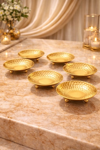 6'lı Gold Metal Ayaklı Çerezlik & Lokumluk - Dövme Desenli Şık Kahve Yanı Sunum Kasesi