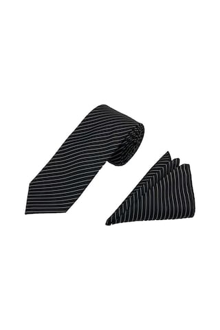 Brianze 7.5 Cm Siyah Gri Çizgili Kravat Mendil Set Siyah