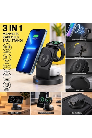 İphone 14 Pro Max Uyumlu 3 Ü 1 Arada Manyetik Kablosuz Şarj Standı Telefon, Akıllı Saat Ve Kulaklık Şarj İstasyonu Siyah