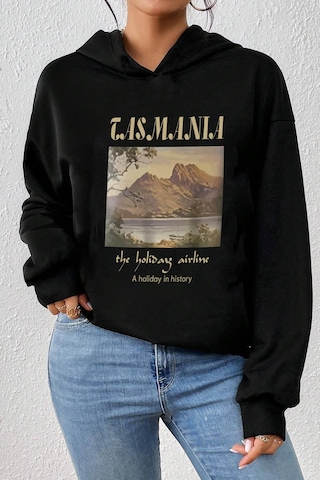 Unisex Oversize Tasmania Baskılı Sweatshirt Siyah