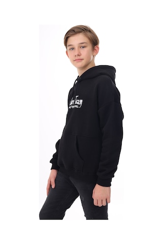 Toontoy Kids Toontoy Erkek Çocuk Oversize Kapüşonlu Cepli Düşük Omuz Baskılı Sweatshirt - 2 İplik Siyah