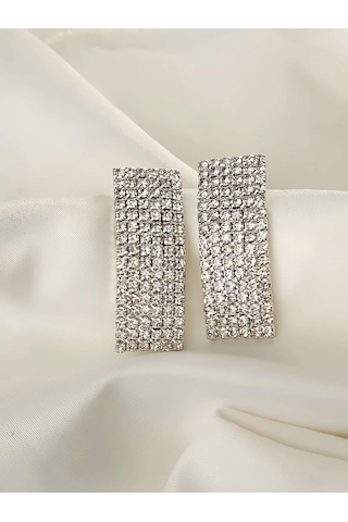 Dikdörtgen Model Abiye Gümüş Kaplama Küpe Silver