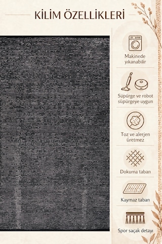 Şönil Kilim Salon Oturma Çocuk Odası Banyo Halısı Mutfak Halısı Balkon Halısı Yıkanabilir Kaymaz Tabanlı Yolluk Antrasit