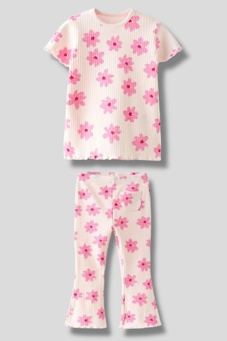 Kız Çocuk Pembe Çiçek Desenli Fitilli Kumaş T-shirt Tayt İspanyol Alt Üst Takım Pembe