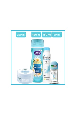 Emotion Ocean Fresh Kadın Sprey Deodorant 150 ML + Rol-On 50 ML + Arko Soft Touch Bakım Kremi 250 ML + Duru Lotus Çiçeği Duş Jeli 450 ML