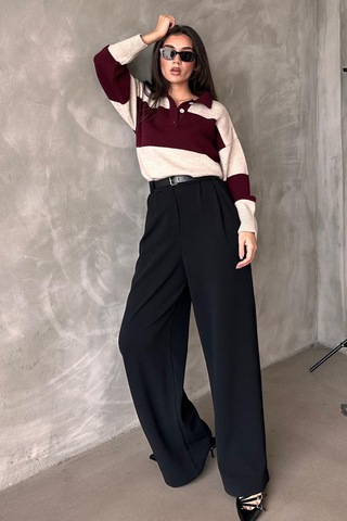 Madmext Siyah Çift Pileli Kemerli Pantolon Mg2330 Siyah