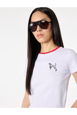 Koton Pamuklu Slim Fit Kısa Kollu Bisiklet Yaka Köpek Nakış Detaylı Tişört Beyaz 6sak50166ek