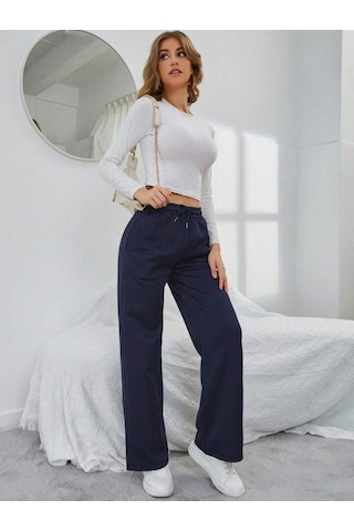 Kallima Kışlık Polarlı Yüksek Bel Lacivert Bol Paça Eşofman Altı Siyah