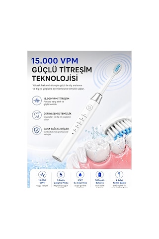 Amf13 Beyaz Şarjlı Elektrikli Diş Fırçası 5 Modlu Ipx7 Su Geçirmez 4 Yedek Başlıklı Set
