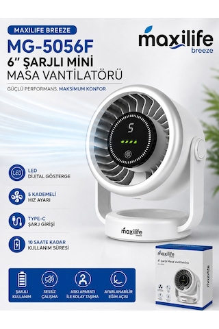Breeze Mg-5056f 6 İnç Şarjlı Mini Masa Vantilatörü Led Göstergeli 5 Kademeli Hız Ayarlı