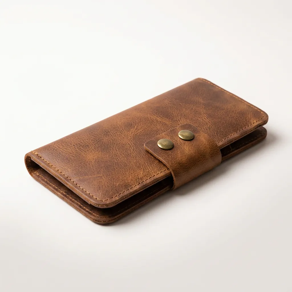 Natderi %100 Hakiki Deri Çıtçıtlı El Portföyü Cüzdan Telefon Bölmeli Cüzdan - 9x19 Cm Taba & Acı Kahve