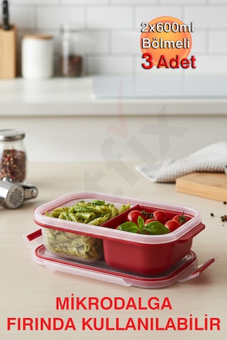 2x600ml Bölmeli, Dikdörtgen, Mikrodalga Fırına Girebilen Heat'n Go Saklama Kabı Üçlü Set Kırmızı