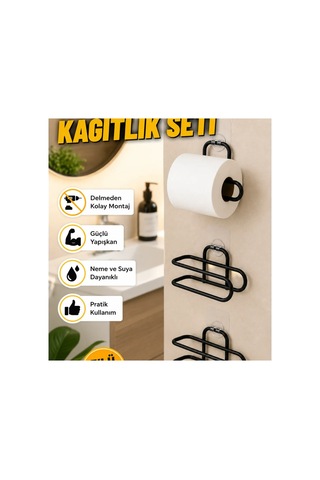 Yapışkanlı Siyah Rulo Tutucu 3 Lü Duvar Tipi Set Renkli