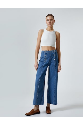 Koton Geniş Kısa Paça Kot Pantolon Düğmeli Yüksek Bel - Sandra Jeans Orta İndigo 4sal40087md 4SAL40087MDMID İndigo