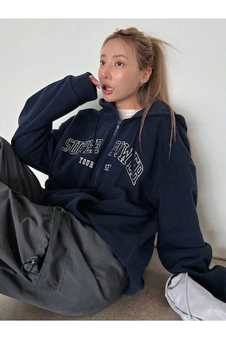 Süper Power Hırka - Lacivert Baskılı Oversize Kapüşonlu Lacivert