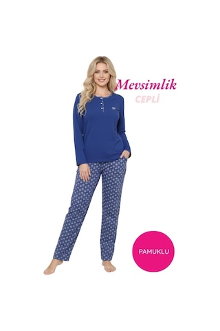 Alimer Etnik Desenli Kadın 3 Düğmeli Pamuk Likra Mevsimlik Uzun Kollu Pijama Takımı İndigo