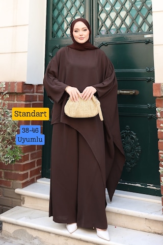 Balenbi Kadın Linda Kumaş Asimetrik Tunik Bol Paça Pantolon Oversize Tesettür Takım 1231 Acı Kahverengi