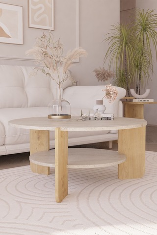 İskandinav Orta Sehpa 90 Cm, Bohem - Traverten & Safir Meşe