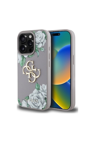 Apple Uyumlu iPhone 15 Pro Max Kılıf Guess Lisanslı Gül Baskılı Büyük Metal Logo Dizaynlı Kapak Mor