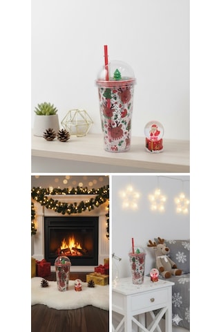 Yeni Yıl 2'li Hediye Seti Noel Geyikli Pipetli Suluk 450 Ml Ve Noel Baba Işıklı Kar Küresi 6.5 Cm Çok Renkli