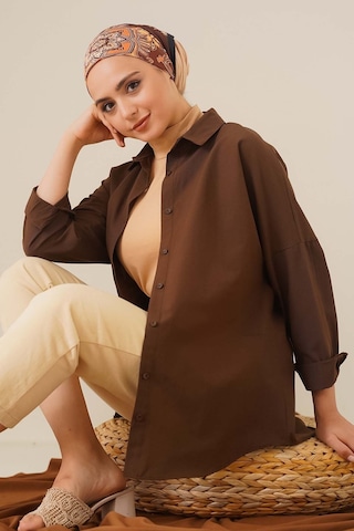 Bigdart 103901 Oversize Basic Tesettür Gömlek - Kahverengi 001