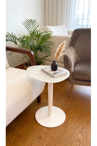 Traverten Mermer Desenli Modern 40x30 Cm Zigon Yan Sehpa 6 Mm Temper Cam