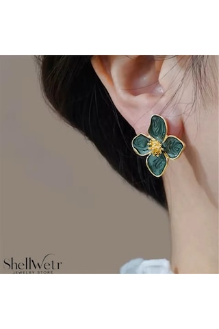 Magnolia Çiçekli Küpe Sevgililer Günü , Annenize Verilecek En Güzel Hediye Altın - Yeşil