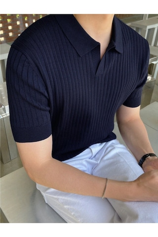 Erkek Fitilli Polo Yaka Triko T-shirt Lacivert