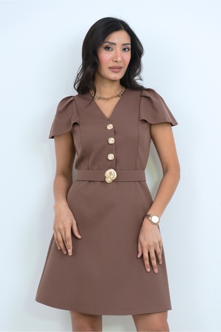 Dorne Moda Düğme Detaylı Kemerli Mini Elbise Kahverengi Kahverengi
