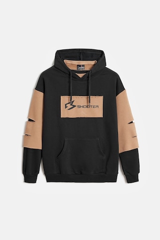 Shooter Sportwear Shooter Erkek Oversize Kapüşonlu Baskılı Kanguru Cepli Sweatshirt Siyah - Bej