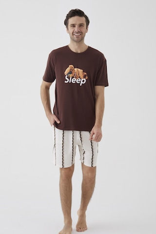 Erkek Kısa Kollu Pamuklu Ayıcık Desenli Şortlu Pijama Takımı Ke30308 Ekru