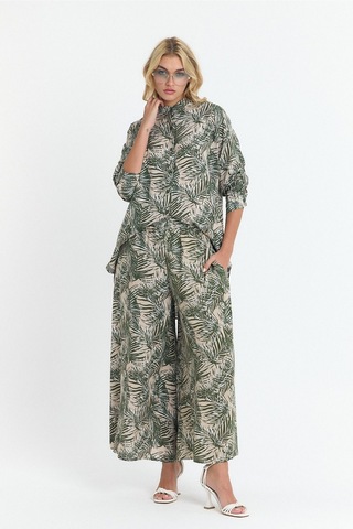 Schık Kadın Viskon Rahat Bol Paça Truvakar Kol Önü Düğme Baskılı Takım Haki