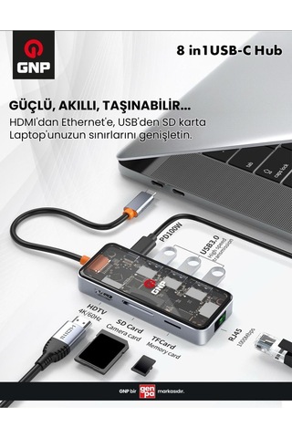 Gnp 8in1 Usb Type-c Hub Port Adaptör Hdmı 4k Usb Ethernet Pd Girişli Apple Uyumlu MacBook 2 Yıl