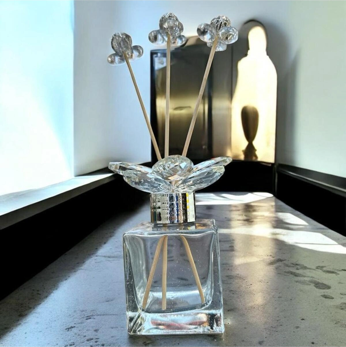 Dekoratif Kristal Cam Oda Koku Şişesi Şeffaf Sade- Gümüş