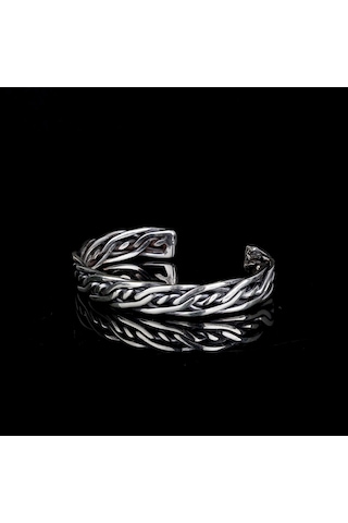 925 Ayar Gümüş Örgü Motifli Erkek Kelepçe Bileklik Modeli Gri