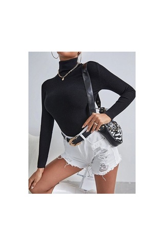 Hanclo Kadın Fitilli Balıkçı Yaka Slim Fit Triko Kazak Siyah
