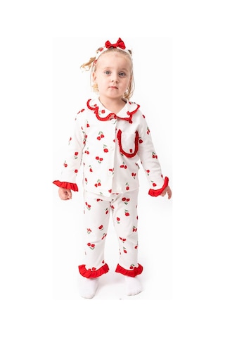 Bebegen Kız Çocuk Ekru Kırmızı Lale Desenli Fırfırlı Bandanalı Pijama Takımı Çok Renkli