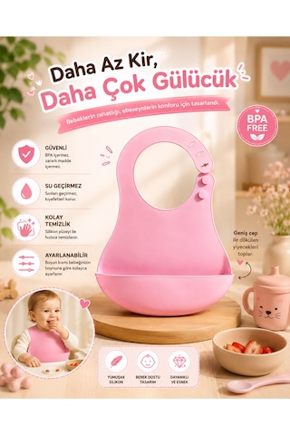 Silikon Mama Önlüğü Su Geçirmez Ayarlanabilir Bebek Önlüğü Bpa İçermeyen Geniş Cepli Beslenme Önlüğü Pembe