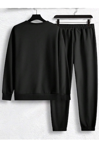 Erkek Düz Eşofman Takımı Sweatshirt Jogger - Siyah Oversize Şardonlu Bisiklet Yaka Siyah
