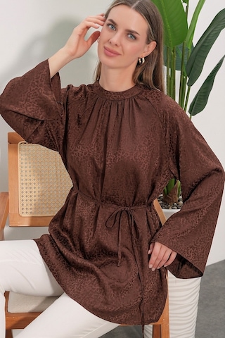 Bigdart Kadın Çizgili Bağcıklı Oversize Tunik 50009 - Kahverengi