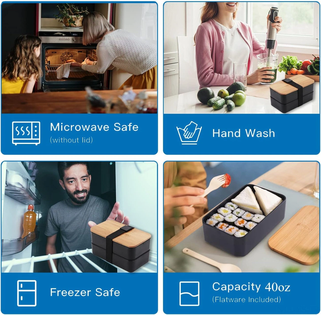 Yunboo İki Katlı Bambu Kapaklı Microwave Uygun Yemek Kutusu, Öğrenci-çalışan İçin Büyük Kapasite, Yiyecek Sağlama, Pp Malzeme, Yıkama Makinesine Uygun Isı Saklama Çantası Hariç Siyah