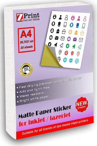 Inkjet Ve Lazer Tüm Yazıcılarla Uyumlu Mat Yapışkanlı Sticker Etiket Kağıt A4 20 Yaprak