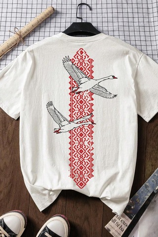 Spoyi Red Heritage Bird Tasarımlı %100 Pamuk Yarım Oversize Beyaz T-xlhirt