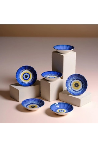 Fecra Acem 6'lı Nazarı Çay Tabağı Seti Karma Mavi