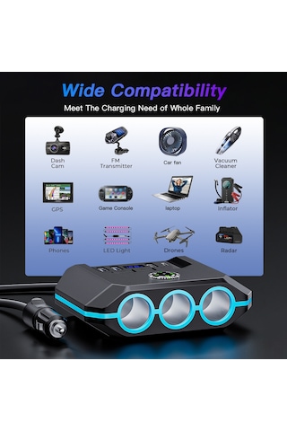 Youtek Siyah Araç Şarj Adaptörü: 3 Çıkışlı Prizi + 4 Usb Hızı 3.4a , Led Voltaj Göstergeli, 12-24v Evrensel, Çoklu Koruma Fonksiyonlu