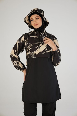Estiva 26973 Siyah Brushstroke Tam Kapalı Croplu Şapkalı Pantolonlu Tesettür Mayo