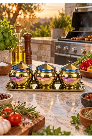 Paslanmaz Çelik 3'lü Baharatlık Seti 400 Ml Tepsili Çok Renkli / İridesan