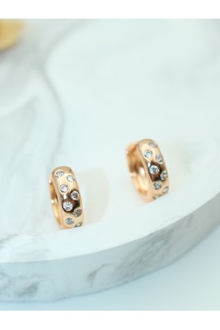 Vıp Zirkon Taşlı Gold Çelik Halka Küpe - Suya Ve Denize Dayanıklı Gold