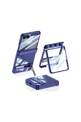 Samsung Galaxy Uyumlu Z Flip 7 Kılıf Kamera Korumalı Şeffaf Tasarımlı Standlı Kapak Lacivert