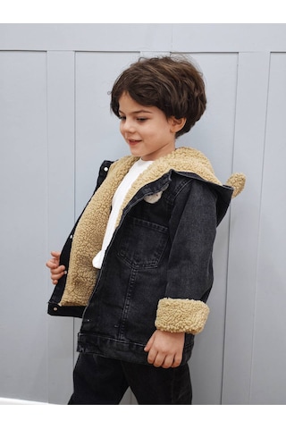 Butik Şirin Teddy Kulaklı Erkek Çocuk Siyah Kot Mont - İçi Kürklü / Peluş Astar Ceket